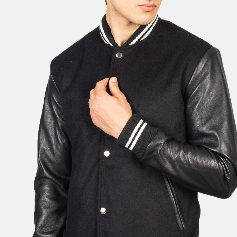 Mens Black Varsity Jacket Leather Sleeves