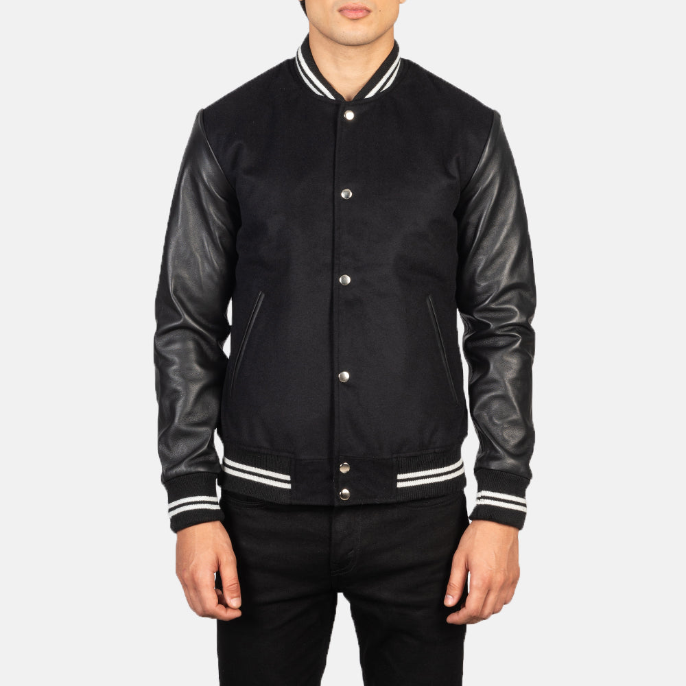 Mens Black Varsity Jacket Leather Sleeves